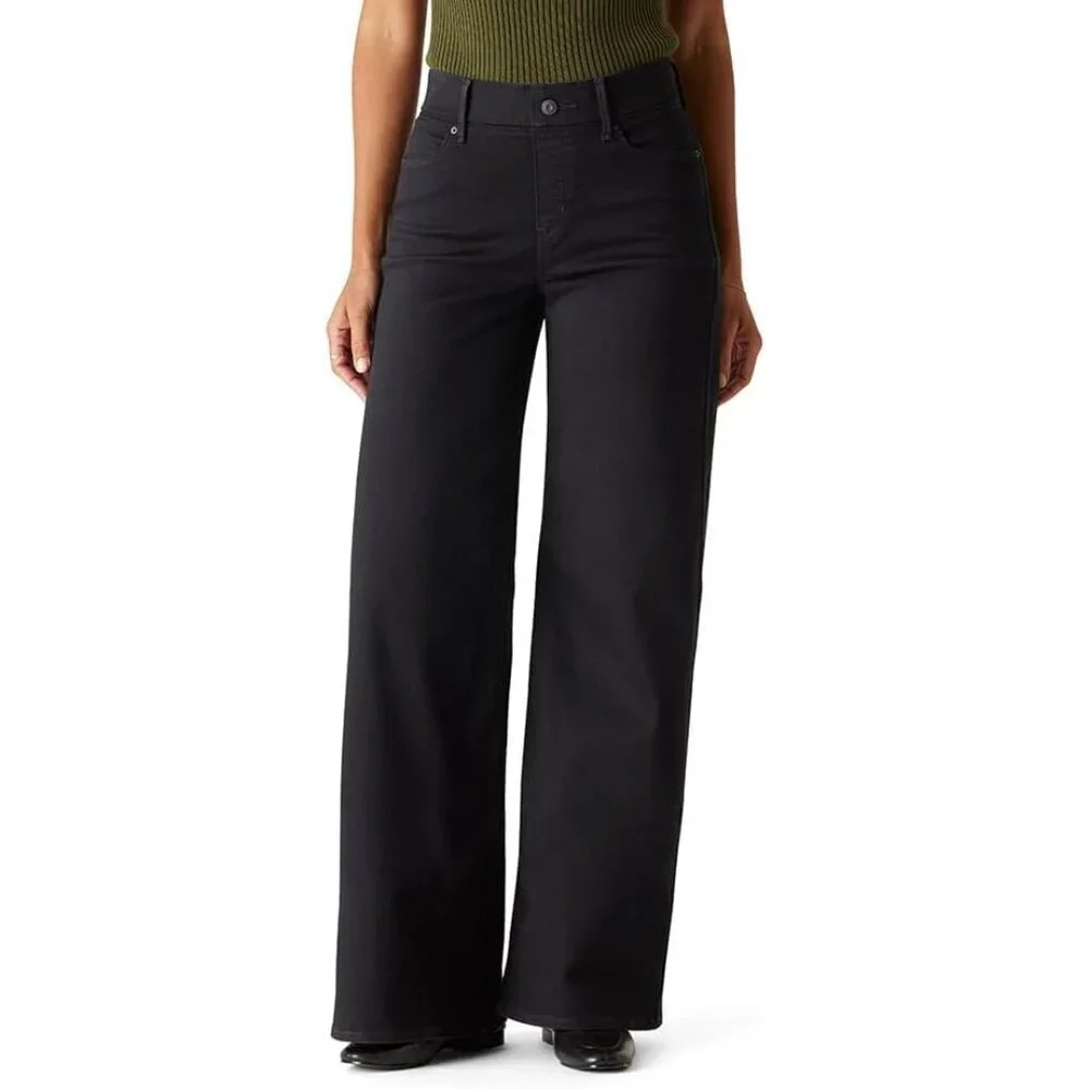 Womens Wide Leg Jeans Cotton Blend Mid Rise Pull On Slim Fit Comfort